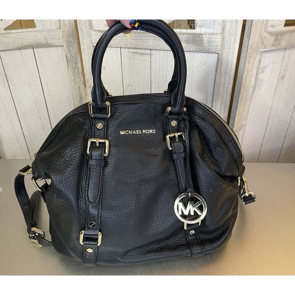 Michael Kors Bedford Bowling Medium Black Leather Satchel Bag Crossbody Strap - Picture 1 of 8